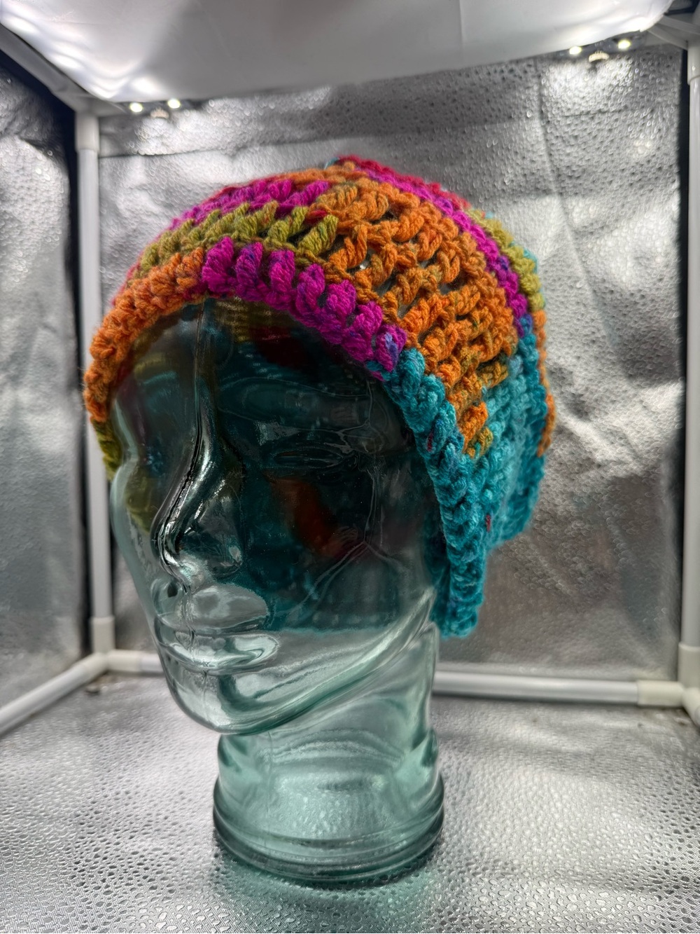 Handmade Multicolor Crochet Beanie - Turquoise, Orange & Pink